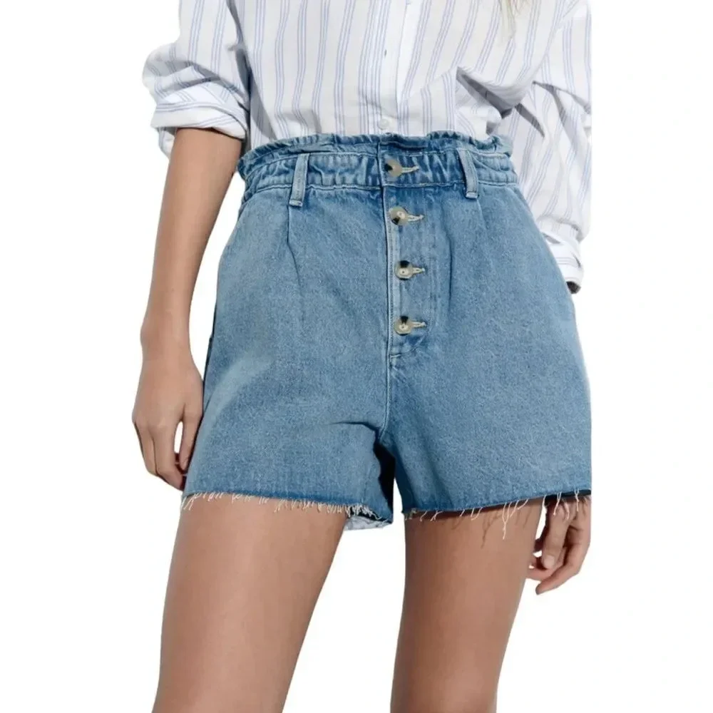 ZARA Z1975 Mid Blue High Rise Baggy Paperbag Shorts NWT Size 4
